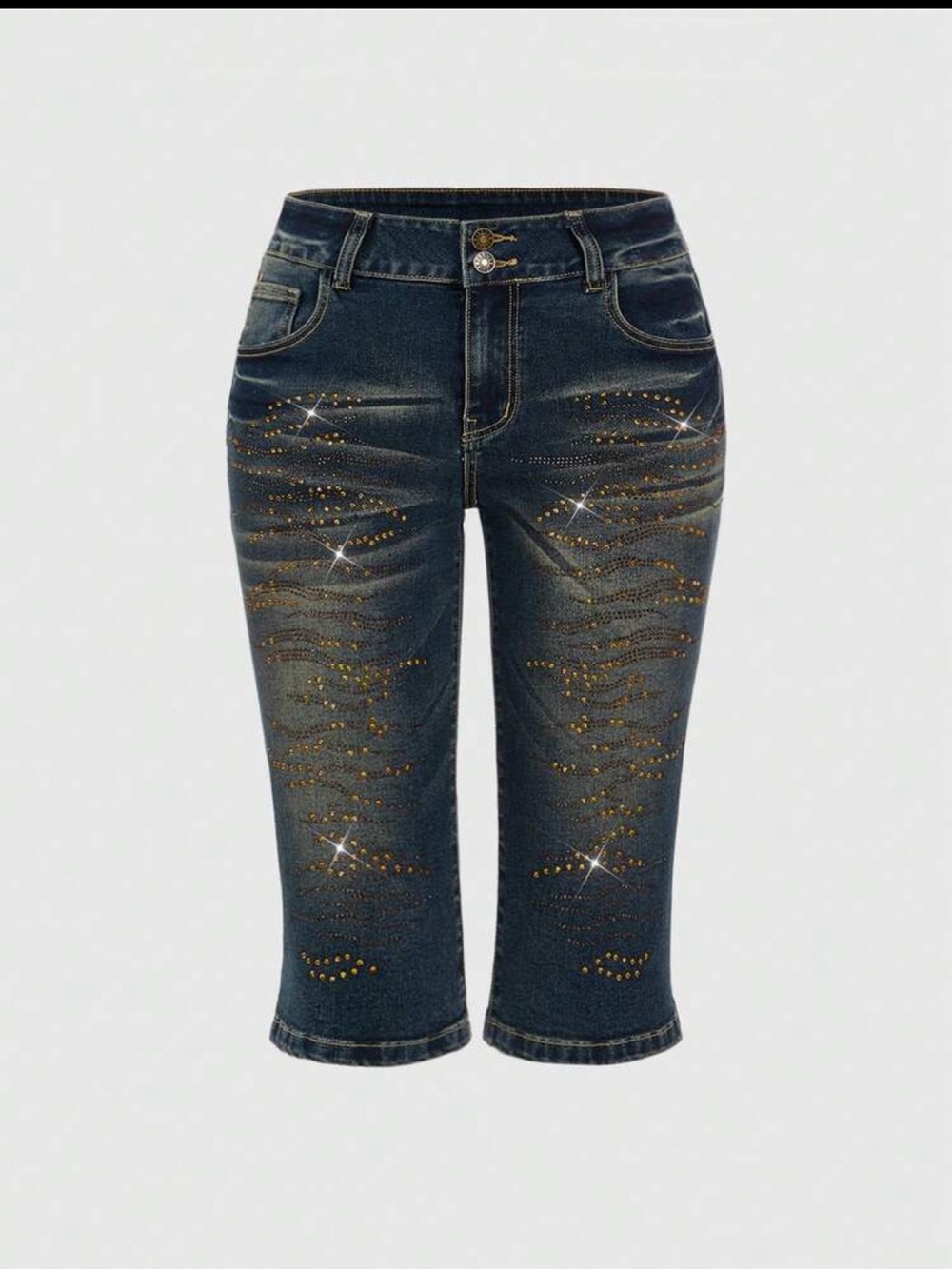 SHEIN Dark Blue Embellished Cropped Jeans with Gold Studs